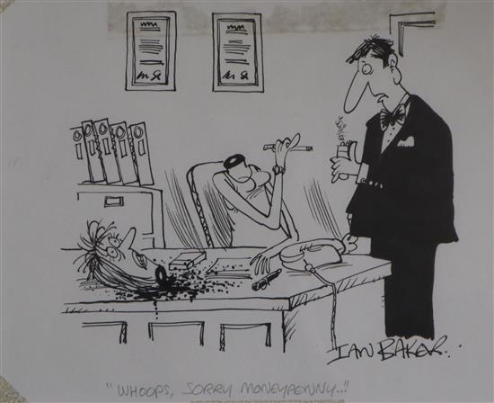 Two pairs of pen and ink cartoons by Honeysett and Ken Pine, largest 19 x 25cm